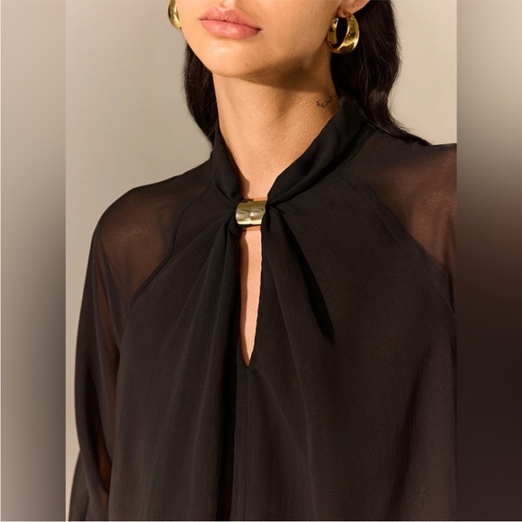Commense Black Semi-Sheer Chiffon Blouse with Gold Neckline Large Ladies - Picture 4 of 9